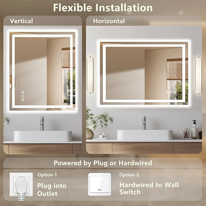 30x36 LED Bathroom Mirror with Lights - Dimmable, Anti-Fog, 3 Color Backlit & Front Lit Mirror for Bathroom, Shatter-Proof Tempered Glass, Easy Installation