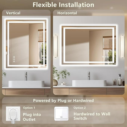 60x40 LED Bathroom Mirror with Lights - Dimmable, Anti-Fog, 3 Color Backlit & Front Lit Mirror for Bathroom, Shatter-Proof Tempered Glass, Easy Installation