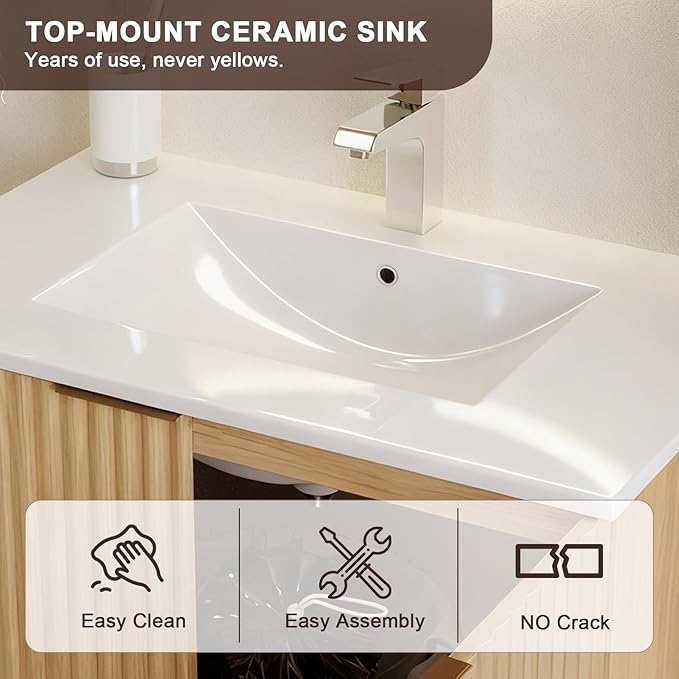 Modern Bathroom Vanity with Sink, Floating Wall Mount Cabinet with Wavy Textured Doors, Waterproof Storage for Small Bathroom, Soft-Close Design, Nature Wood (36")