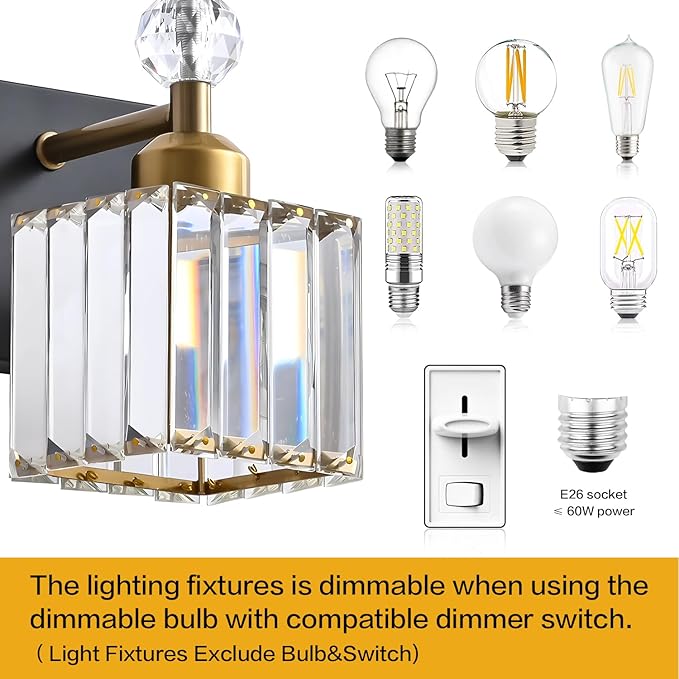 PRESDE Single Crystal Wall Sconce, Modern Black and Gold Vanity Light Fixture, 1-Light Wall Lamp for Bathroom Bedroom Hallway