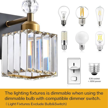 PRESDE Crystal 5 Light Bathroom Vanity Lights Modern Black and Gold Bathroom Lights Fixtures Over Mirror Modern Bath Wall Lighting
