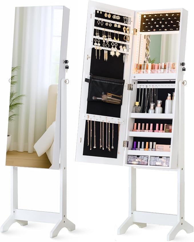 LUXFURNI Full‑Length Standing Jewelry Armoire Cabinet with Storage Mirror | Built‑in LED Makeup Mirror, 3 Tilt Angles, 48H Runtime with 6AA Batteries, Acrylic Lipstick Tray, Engineered Wood for Bedroom