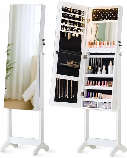 LUXFURNI Full‑Length Standing Jewelry Armoire Cabinet with Storage Mirror | Built‑in LED Makeup Mirror, 3 Tilt Angles, 48H Runtime with 6AA Batteries, Acrylic Lipstick Tray, Engineered Wood for Bedroom