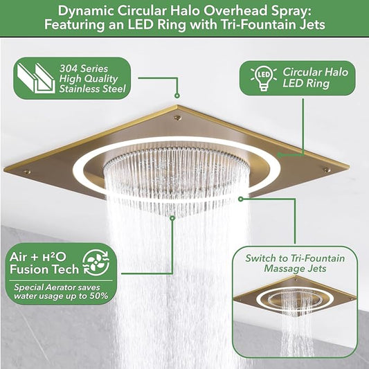 VANFOXLE Shower Faucet Set Brushed Gold Shower System,Shower Faucet with 2 in 1 Handheld,Ceiling Mount 19 Inch Shower Head+14 Inch Shoulder massager