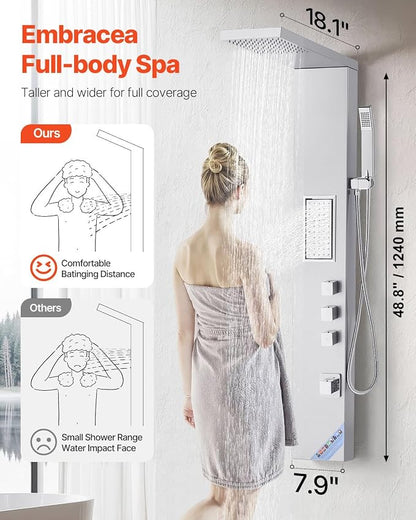 VEVOR Shower Panel Tower System with Rainfall Shower Head, 53 in Brushed Stainless Steel Shower Column, 3-Function Faucet, High Pressure Wall-Mount Rain Massage System, with Large Body Jet, Handheld