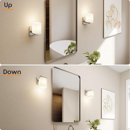 Bathroom Lighting Fixture Brushed Nickel Vanity Light with White Frosted Glass Shade, Wall Lamp Over Mirror for Bedroom Living Room Porch T003BR-L1