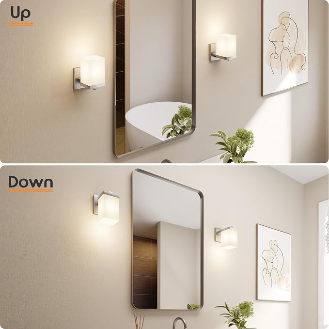 Bathroom Lighting Fixtures Brushed Nickel Vanity Lights with White Frosted Glass Shade, Wall Lamps Over Mirror for Bedroom Porch, 2 Pack T003BR-L1-P2