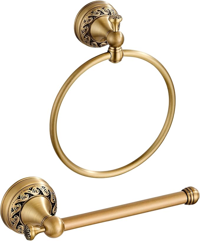 Antique Brass Toilet Paper Holder Hand Towel Ring, Brass Bathroom Accessories Set Towel Holder Toilet Paper Roll Holder, Antique Farmhouse Bathroom Hardware 2 Pieces Set Wall Mount Bronze