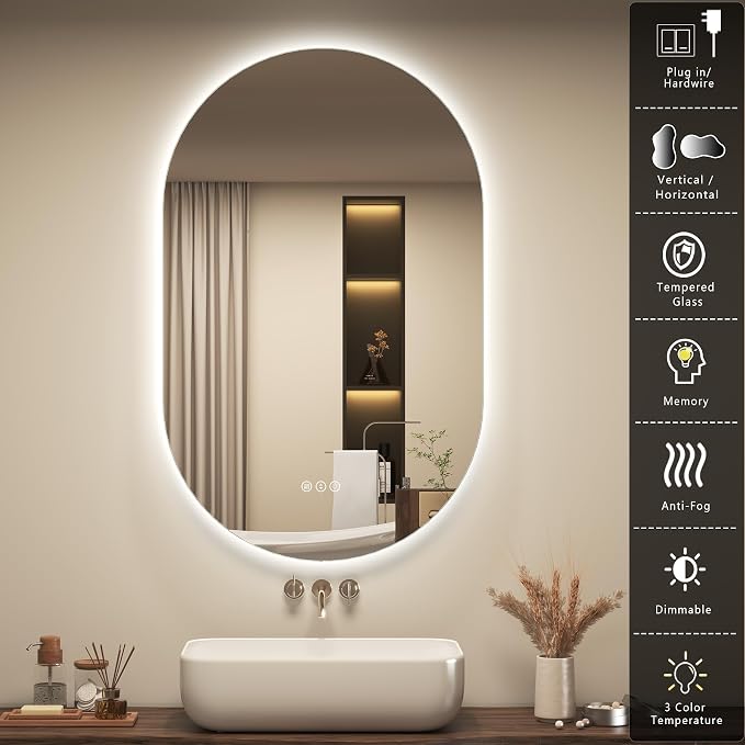 OKPAL Backlit Oval LED Bathroom Mirror with Lights, 40 x 24 Pill-Shaped Lighted Vanity Mirror for Wall, Anit-Fog, Dimmable, Memory, Tempered Glass, UL (Horizontal/Vertical)