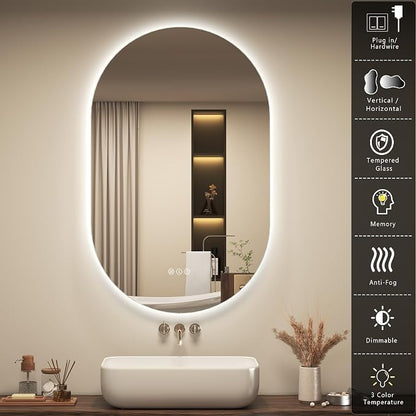 OKPAL Backlit Oval LED Bathroom Mirror with Lights, 40 x 24 Pill-Shaped Lighted Vanity Mirror for Wall, Anit-Fog, Dimmable, Memory, Tempered Glass, UL (Horizontal/Vertical)