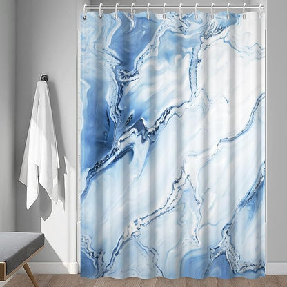 Blue Shower Curtain, Ombre Blue Marble Shower Curtain for Bathroom Modern Aesthetic Waterproof Shower Curtain Set with Hooks, 72x84 Inch