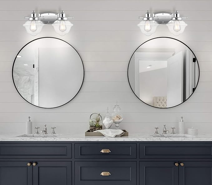 JONATHAN Y 16.75" Chrome Schoolhouse LED Vanity Light, Mid-Century Wall Sconce for Bathroom Kitchen Hallway, Clear Glass Shade, 2700K LED Bulb Included (JYL3531A)