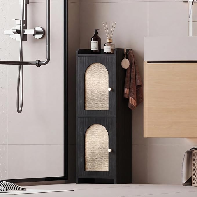 Arbuxzuy Rattan Bathroom Storage Cabinet with 2 Doors and Adjustable Shelf | Black Corner Floor Cabinet, Narrow Toilet Paper Cabinets with 2Hooks,Toilet Organizer for Small Spaces, 7.87"D*9.84"W*29.72"H