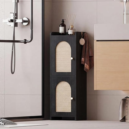 Arbuxzuy Rattan Bathroom Storage Cabinet with 2 Doors and Adjustable Shelf | Black Corner Floor Cabinet, Narrow Toilet Paper Cabinets with 2Hooks,Toilet Organizer for Small Spaces, 7.87"D*9.84"W*29.72"H