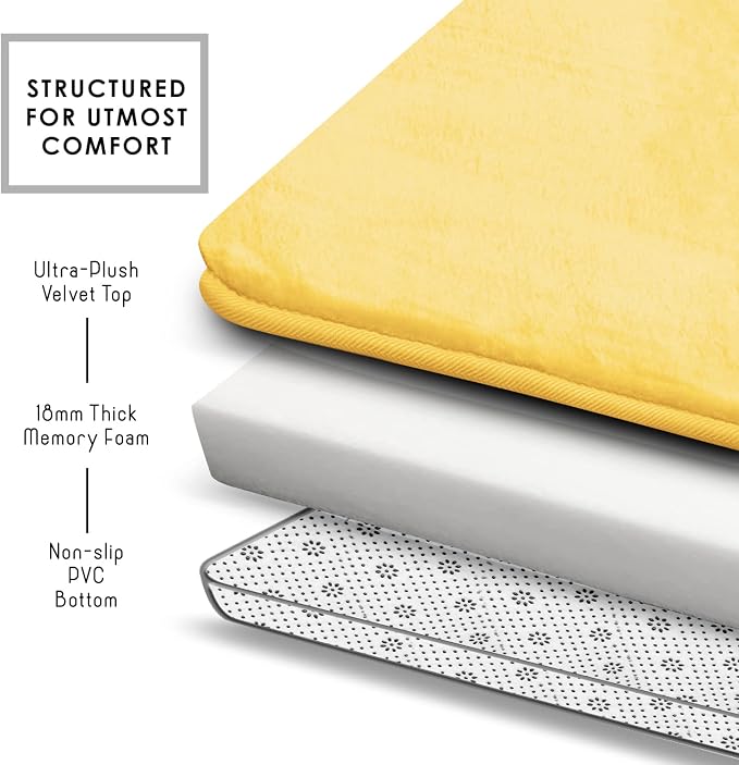 Clara Clark 2 Piece Bathroom Rugs, Velvet Memory Foam Bath Mat Set, Non-Slip Bath Rugs, Machine Wash, Dries Quickly, Ultra Soft Plush Bath Mats for Bathroom, 17 x 24 + Contour, Mellow Yellow