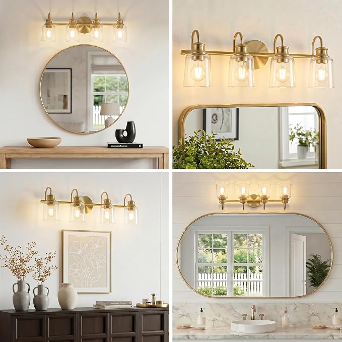 4 Lights Bathroom Light Fixtures Modern Gold Vanity Lights | ETL Certificate, Easy to Install,Wall Mount Up or Down,Thickened Glass Lampshade,E26 Socket,Hardwired