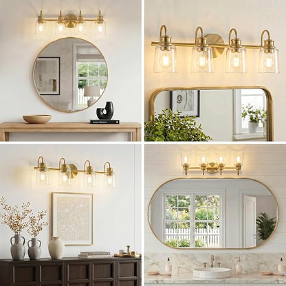 4 Lights Bathroom Light Fixtures Modern Gold Vanity Lights | ETL Certificate, Easy to Install,Wall Mount Up or Down,Thickened Glass Lampshade,E26 Socket,Hardwired