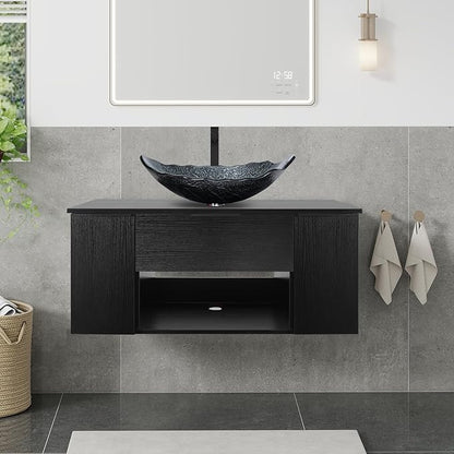 36 Inch Black Floating Bathroom Vanity with 2-Doors and 1-Drawer, Modern Wall Mounted Cabinet with Silver Leaf Glass Vessel Sink