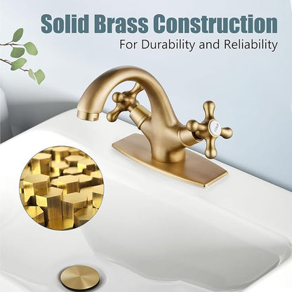 Aolemi Bathroom Sink Faucet Single Hole Cold and Hot Double Handle Cross Knobs Vanity Vessel Sink Basin Mixer Tap with Deck Cover Plate with Pop Up Drain Antique Brass