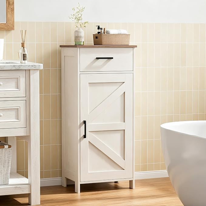 Homhedy Bathroom Storage Cabinet with Drawer & Adjustable Shelf | Freestanding Storage Cabinet for Bathroom, Entryway, Living Room & Kitchen, Rustic White and Brown, 15.7"W