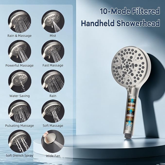 Hibbent 10'' Metal Showerhead & 10 Mode Filtered Handheld, Brushed Nickel | High Pressure Stainless Steel Showerhead, 4-way Diverter, Heightened All Metal Extension Arm, 71'' Hose & Holder, Easy Reach
