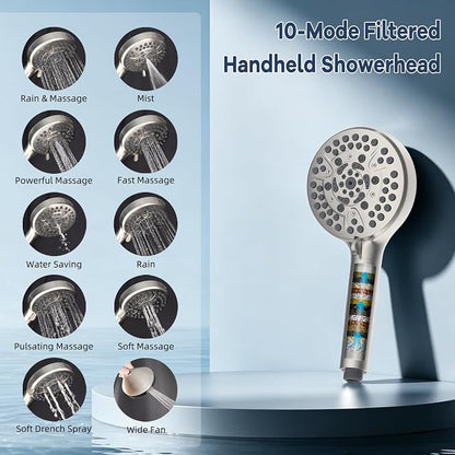 Hibbent 10'' Metal Showerhead & 10 Mode Filtered Handheld, Brushed Nickel | High Pressure Stainless Steel Showerhead, 4-way Diverter, Heightened All Metal Extension Arm, 71'' Hose & Holder, Easy Reach