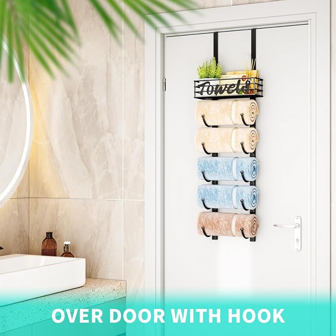 HapiRm Towel Racks for Bathroom Storage - 6 Tier Over The Door & Wall Mount Rolled Towel Storage Organizer Holder with Metal Shelf Basket for Small Bathroom, Camper, Rv - Black, Patented
