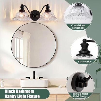 2 Lights Bathroom Vanity Light Fixtures, Vintage Black Vanity Lights for Bathroom, Farmhouse Antique Light Fixtures Over Mirror with Crystal Glass Shade