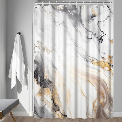 Grey and White Shower Curtain, Modern Grey Marble Shower Curtain for Bathroom Aesthetic Waterproof Shower Curtain Set with Hooks, 72x72 Inch