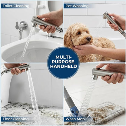 DEANIC 2-in-1 Bidet Attachment with Handheld Bath Bidet Sprayer, Ultra-Slim Adjustable Water Pressure Nozzle, Cold Water Non Electric Hand Sprayer for Toilet Seat (Sliver White)