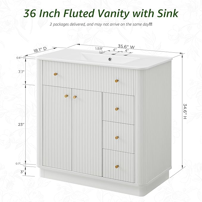 T4TREAM 36 Inch Bathroom Vanity with Sink, Modern Fluted Single Bathroom Vanity with Sink with Storage Cabinet, Adjustable Shelf and 3 Small Drawers, Solid White