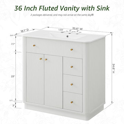 T4TREAM 36 Inch Bathroom Vanity with Sink, Modern Fluted Single Bathroom Vanity with Sink with Storage Cabinet, Adjustable Shelf and 3 Small Drawers, Solid White