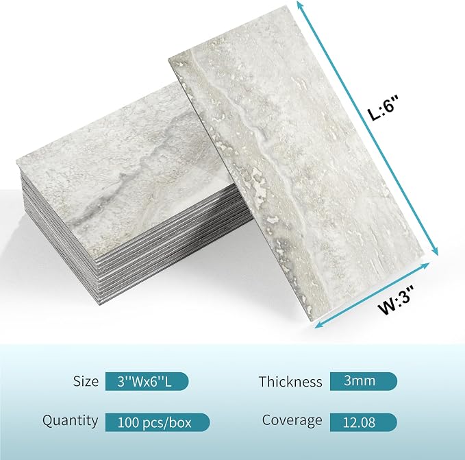 Vamos Tile 4-Piece Beige Mixed Grey Peel and Stick Backsplash Seamless Tile | 3''x6'' PVC Subway Tile,Matt Slate Stick on Backsplash for Kitchen/Bathroom/Fireplace/Laundry/Camper