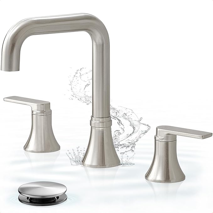 Brushed Nickel 8 Inch Widespread Bathroom Faucet, 360 Degree Swivel Bathroom Sink Faucet 3 Hole, 2 Handles with Pop-Up Drain & Water Hoses for Lavatory Vanity