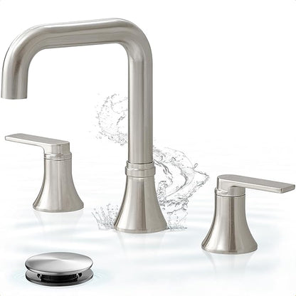 Brushed Nickel 8 Inch Widespread Bathroom Faucet, 360 Degree Swivel Bathroom Sink Faucet 3 Hole, 2 Handles with Pop-Up Drain & Water Hoses for Lavatory Vanity