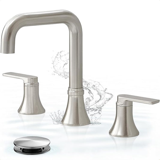 Brushed Nickel 8 Inch Widespread Bathroom Faucet, 360 Degree Swivel Bathroom Sink Faucet 3 Hole, 2 Handles with Pop-Up Drain & Water Hoses for Lavatory Vanity