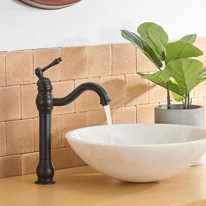 BWE 360° Swivel Bathroom Vessel Sink Faucet Matte Black Single Handle One Hole Lavatory Mixer Tap with Pop Up Drain Assembly Without Overflow and Supply Line Tap Body