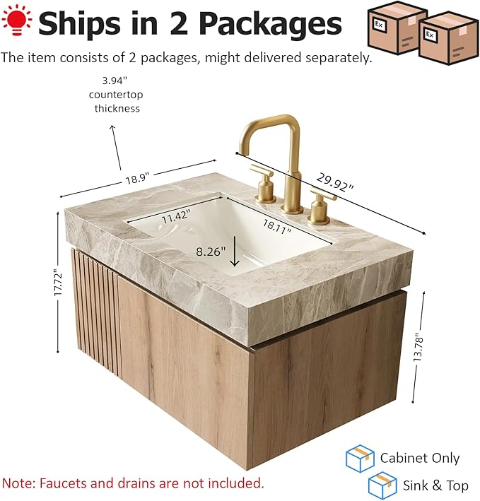 Ambrovina 30" Floating Bathroom Vanity with Sink, Modern Plywood Bathroom Storage Cabinet with Drawer and Door, Gray Sintered Stone Countertop and 3 Pre-drilled Faucet Holes Ceramic Basin, Light Oak
