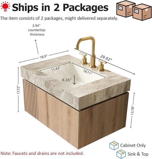 Ambrovina 30" Floating Bathroom Vanity with Sink, Modern Plywood Bathroom Storage Cabinet with Drawer and Door, Gray Sintered Stone Countertop and 3 Pre-drilled Faucet Holes Ceramic Basin, Light Oak