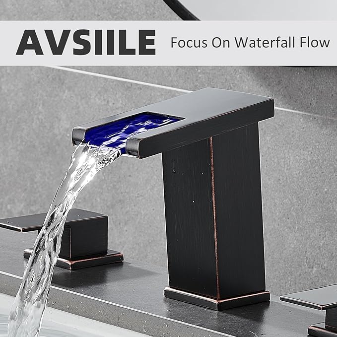 LED Bathroom Faucet 3 Hole, Oil Rubbed Bronze Waterfall Bathroom Faucets, 8 Inch Widespread Modern Bathroom Sink Faucet & Parts, Wide Spread Touch On Three Hole 2 Handle Bathroom Vanity Faucet