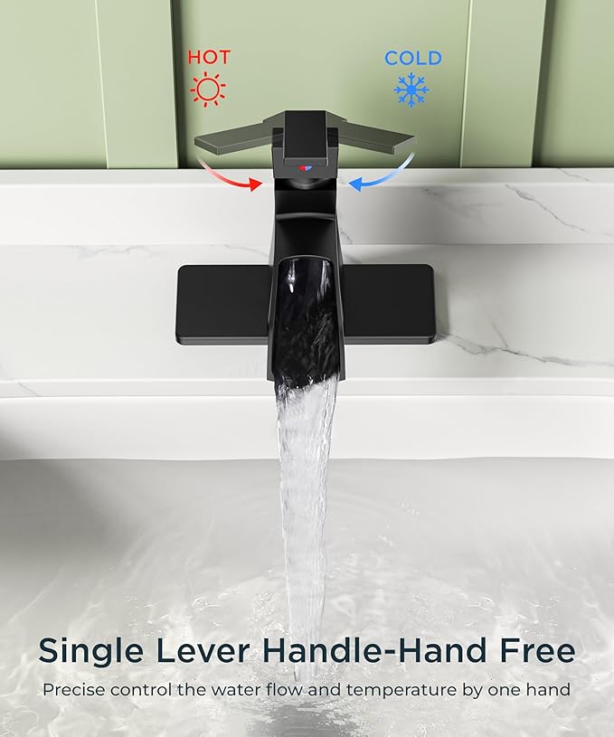 FORIOUS Matte Black Bathroom Faucet Waterfall, Bathroom Faucets for 1 or 3 Holes Sink with Single Handle for Commercial, Vanity, Lavatory, Restroom, Farmhouse