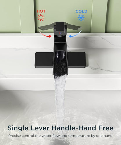 FORIOUS Matte Black Bathroom Faucet Waterfall, Bathroom Faucets for 1 or 3 Holes Sink with Single Handle for Commercial, Vanity, Lavatory, Restroom, Farmhouse