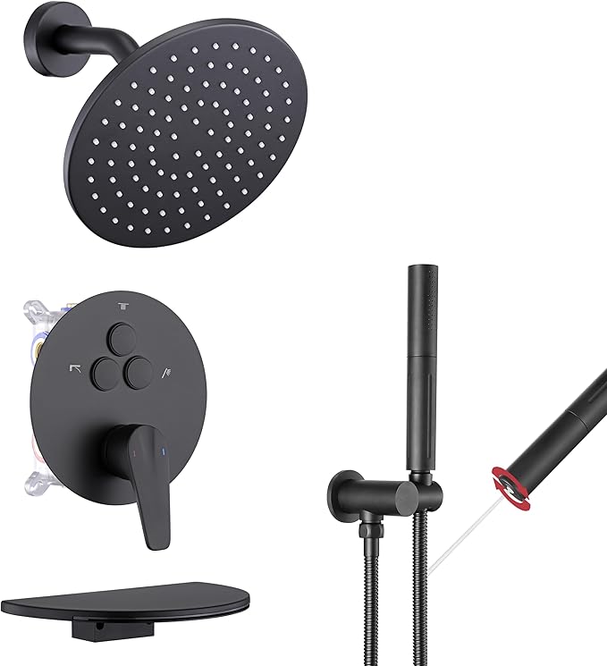VANFOXLE Shower Faucet Set Matte Black Shower System, Push Button Diverter | 8 Inch Wall Mount Head, 2-in-1 Handheld Sprayer, 9 Inch Bathtub Waterfall Spout, Solid Brass Valve, Rust Resistant