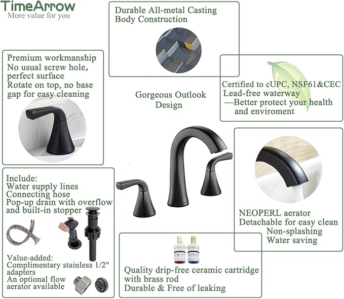 Matte Black Bathroom Sink Faucet, 2 Handle 8 inch Widespread Bathroom Faucet with Pop-up Drain and Water Supply Hose, Lavatory Vanity Faucets, TAF826-MB
