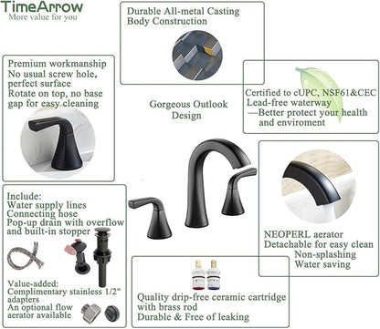 Matte Black Bathroom Sink Faucet, 2 Handle 8 inch Widespread Bathroom Faucet with Pop-up Drain and Water Supply Hose, Lavatory Vanity Faucets, TAF826-MB