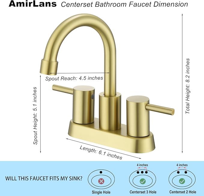 4 Inch Centerset Brushed Gold Bathroom Sink Faucet 2 or 3 Hole | Stainless Steel 2 Handle Gold Bathroom Faucet, Sink Faucet for Vanity, Rv, Restroom