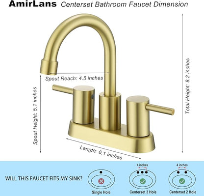 4 Inch Centerset Brushed Gold Bathroom Sink Faucet 2 or 3 Hole | Stainless Steel 2 Handle Gold Bathroom Faucet, Sink Faucet for Vanity, Rv, Restroom