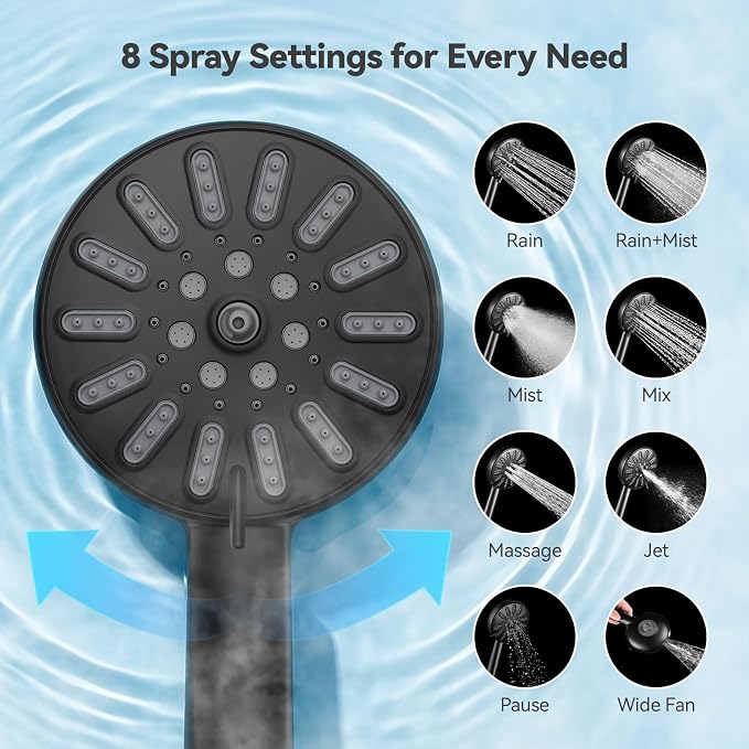 INAVAMZ High Pressure Rain Shower Head Combo with Magnetic Handheld Black | Dual Shower System with Rainfall Showerhead and 8-Spray Handheld, Magnetic Dock, Adjustable Angle, Power Jet for Cleaning
