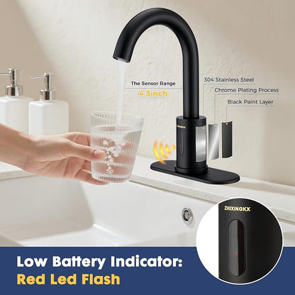 Touchless Bathroom Faucets for 1 or 3 Hole, Tall Body Automatic Bathroom Sink Faucets with Deck Plate,Motion Sensor Commercial Faucets for Bathroom&Kitchen,360° Swivel Spout,Black