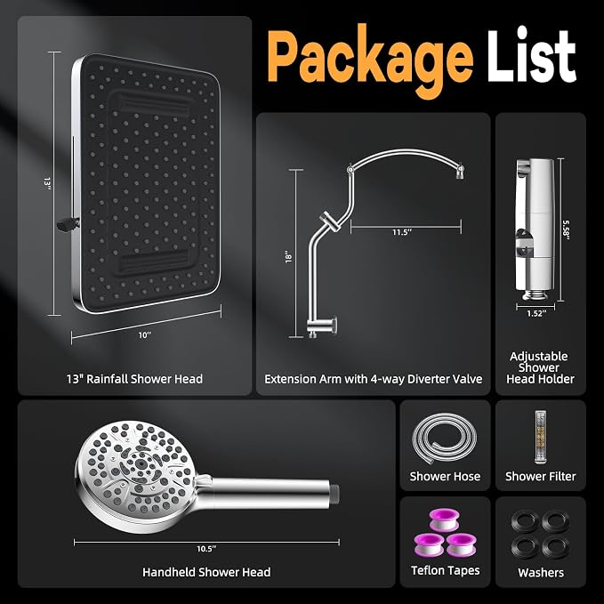 Hibbent 13'' Rain Showerhead Combo, 10 Mode Filtered Handheld Spray, Chrome | High Pressure 5-Spray Showerhead, 4-way Diverter, Upgraded Heightened All Metal Extension Arm, 71'' Hose & Holder, Easy Reach